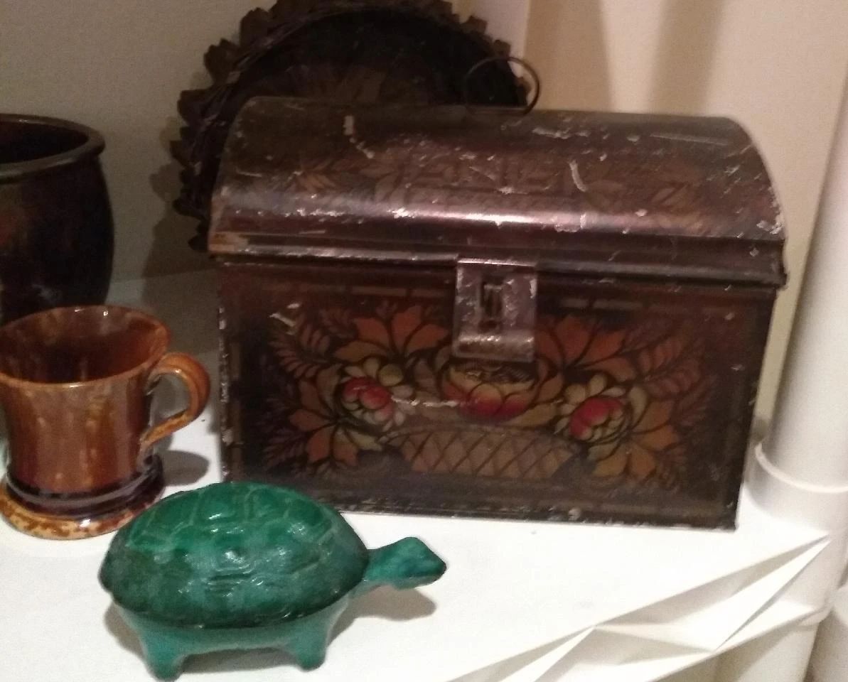 Green slag glass turtle trinket box, late 19th century metal document box, Bennington mug