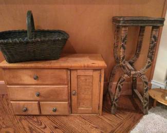 Primitive wicker stool, cabinet, basket