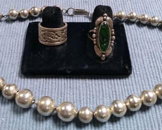 Native American sterling spheres necklace, sterling rings