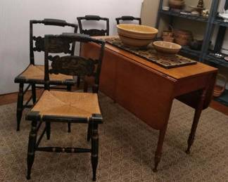 Hitchcock chairs and primitive drop leaf table, Brown stripe yellow ware mixing bowls