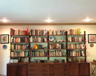 Large Scandinavian Mid Century teak 4 section wall shelving & storage unit.
128” long x 6’ tall