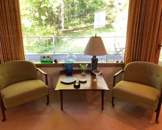 Mid Century Danish Modern Finn Andersen designed pair of barrel back Club chairs (Swedish Modernist furniture) made by Selig. Coffee table (stained ring) with Selig tag also!