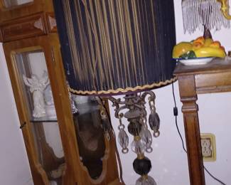 Large Antique Crystal Lamp, Curio Cabinet and Lamp