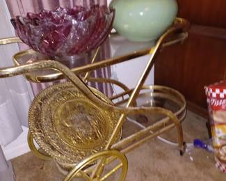 Serving Cart with Glass Tops, Large Vase and Bronze Plates