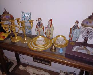 Lamp, Golden Candelabra, Chinese Statues, Tea Set and Mikasa two piece Fine Dining Set