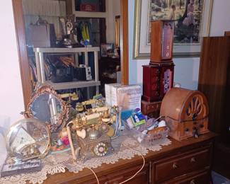 Mirrored Night Stand, Vintage Phones, Radio and Jewelry Boxes
