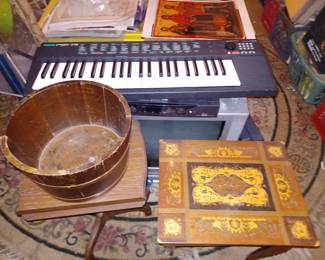 Key Board, TV with built in DVD/VHS,Wooden Sewing Table, Wooden Table and Wooden Bucket