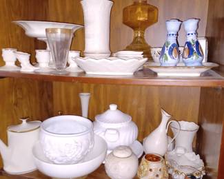 Milk Glass, Hurricane Lamp, Candle Holders and Shelf