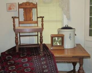 Beautiful wool hand knotted rug. clock, crock, antiques and vintage