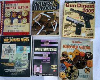 Reference Books on Vinyl Records, Kinves and Razors, Pocket Watch, Gun, World Paper Money and Wrist Watches