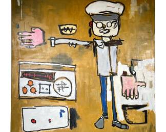 MODERN OIL PAINTING | "Street DJ". Oil on canvas. Loose, cartoonish style, depicting a figure and a boombox on a simple, modern background. - l. 43.25 x h. 43.25 in