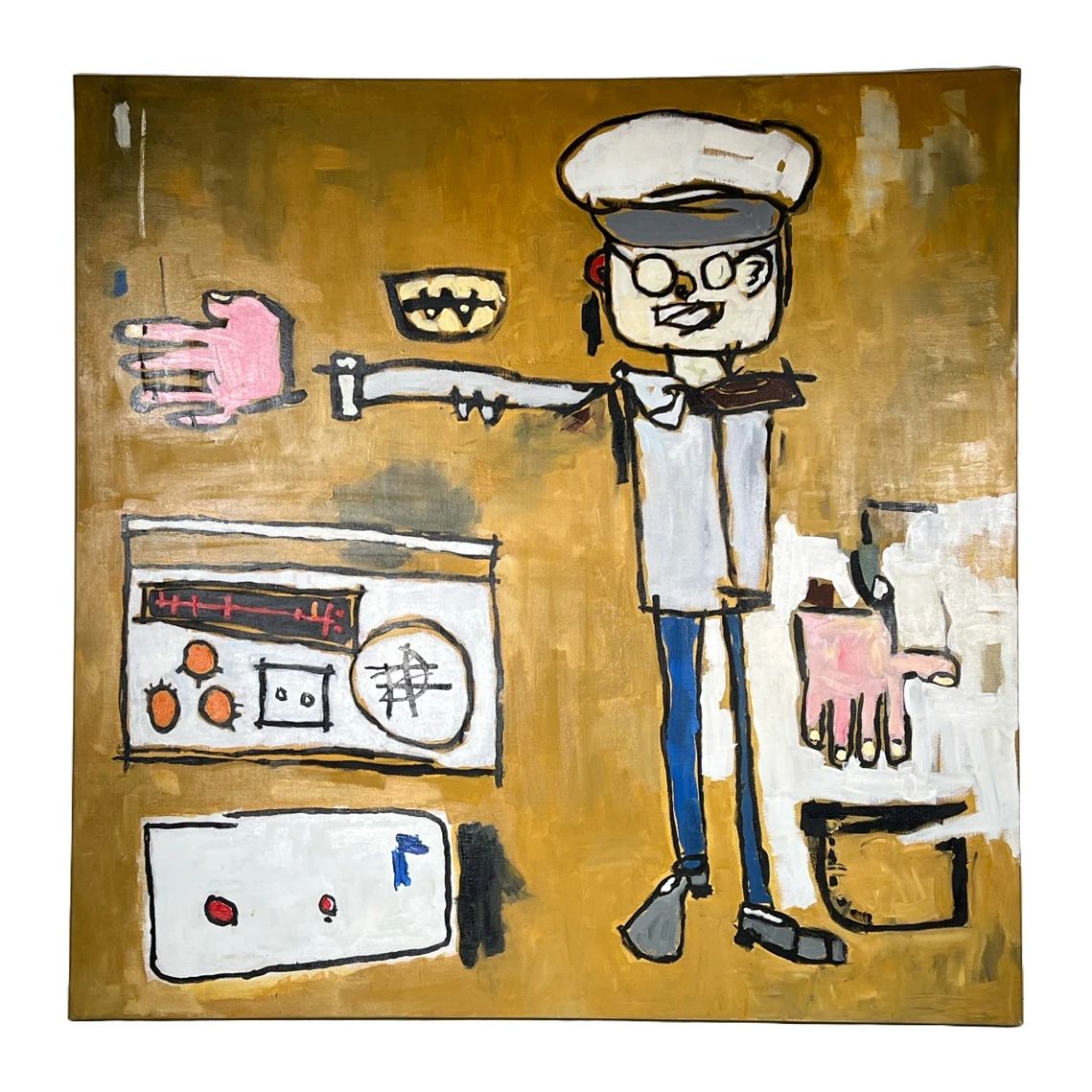 MODERN OIL PAINTING | "Street DJ". Oil on canvas. Loose, cartoonish style, depicting a figure and a boombox on a simple, modern background. - l. 43.25 x h. 43.25 in