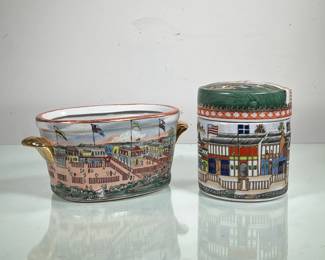 PAINTED CHINESE CERAMICS | Includes lidded jar and oval basin, both depicting international embassies and trade houses. - h. 6.5 x dia. 5.5 in (lidded jar)