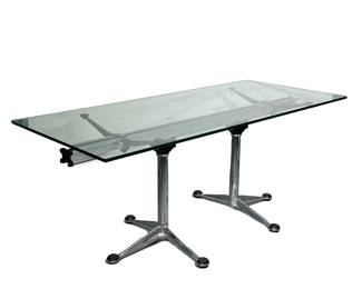 BRUCE BURDICK FOR HERMAN MILLER TABLE | Italian modern glass and aluminum dining table by Bruce Burdick for Herman Miller. Structure composed of extruded aluminum railing with aluminum arms holding glass table top. No apparent markings. -  l. 70.75 x w. 31.5 x h. 28.5 in