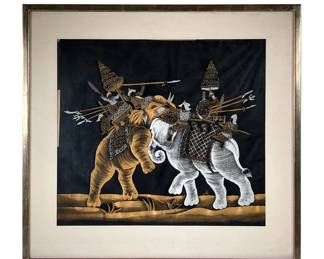 ELEPHANT WARFARE PAINTING ON SILK | Elephant Warfare. Oil paint on cloth. Depicts warriors with shields and spears mounted on clashing elephants. 17in x 19in sight. - l. 25.75 x h. 24.25 in