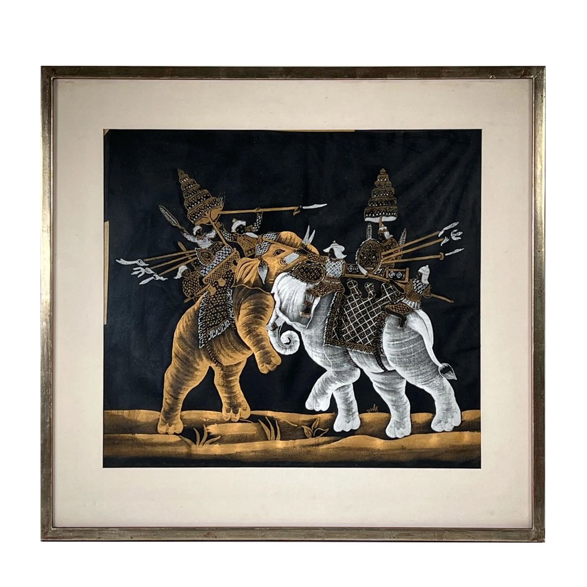 ELEPHANT WARFARE PAINTING ON SILK | Elephant Warfare. Oil paint on cloth. Depicts warriors with shields and spears mounted on clashing elephants. 17in x 19in sight. - l. 25.75 x h. 24.25 in