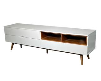 WHITE MID-CENTURY TV STAND | Includes: 2 open shelves with cable organizing holes in back and 3 pullout drawers with spindle legs. - l. 71 x w. 15.5 x h. 20.5 in