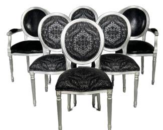 (6PC) LOUIS XVI STYLE DINING CHAIR SET | Includes: 2 armchairs with faux snakeskin print in cushion and 4 side chairs with intricate silver mandala design on black cushion. - l. 22.5 x w. 20 x h. 38 in