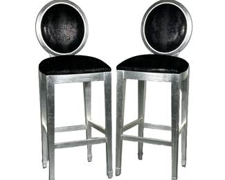 (2PC) PAIR SILVER & BLACK BARSTOOLS | Silver painted wood barstools with faux snakeskin print on black cushions. -  l. 17 x w. 16 x h. 47.5 in