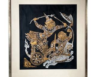 VINTAGE BALINESE KAMASAN PAINTING | Krishna and Barong. Paint on cloth. 17.25in x 19.75in sight. Depicts Krishna and Barong riding on a golden horse pulled chariot. Southeast Asian artistic work in silver, gold, and black. -  l. 23.75 x h. 26.75 in