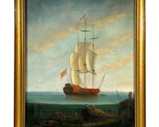 NEIL BOREN (20TH CENTURY) | "leaving harbor"
Oil on canvas. 24in x 20in. Showing 3 masted sailboat and a rocky shore with fishermen. Signed lower right "Neil Boren"