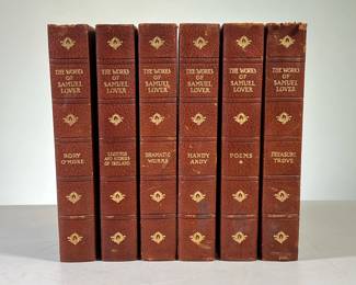 (6PC) “THE WORKS OF SAMUEL LOVER” LEATHER BOUND HARDCOVER | Includes: Rory O’More, Legends and Stories of Ireland, Dramatic Works, Handy Andy, Treasure Trove, and Poems. -  l. 5.5 x w. 1.5 x h. 8.5 in