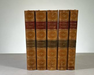 (5PC) “SCHILLER’S WORKS” LEATHER BOUND HARDCOVER | Includes; Early Dramas and Romances, Historical and Dramatic, Historical, Historical Dramas, and Poems. -  l. 5 x w. 1.25 x h. 7.25 in