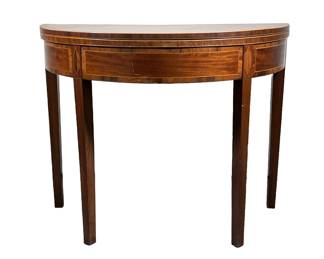 INLAY WOOD CONSOLE WITH FLIP TOP | Console table with beautiful, geometric wood inlay top and border with flip top to make a full circular table. - h. 28 x dia. 35.5 in (full extended)