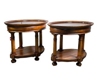 (2PC) PAIR OVAL WOOD SIDE TABLE | Oval side tables with mahogany top, spindle legs and lower shelf with orb feet. - l. 30 x w. 23 x h. 24.5 in