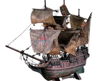 ANTIQUE MODEL MERCHANT SAILBOAT | Large antique model of a 3-master merchant ship with scale sails, flags, ropes, lines and pulleys. - l. 37.5 x w. 18.25 x h. 34.5 in