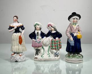 (3PC) FEMALE CERAMIC FIGURINES | Includes pair of women leaning on clock, dressed up women with picnic basket and woman in fancy dress. - h. 9 x dia. 3 in (largest)