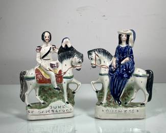 (2PC) PAIR MOUNTED DUKE & DUCHESS FIGURINES | Duke and Duchess of Cambridge in formal dress on mounts. - l. 6 x w. 2 x h. 8.5 in