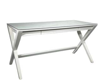 CRATE & BARREL WHITE GLASS TOP DESK | Model no: 491-2663543. Three-drawer white desk with X-legs. - l. 58 x w. 28 x h. 30 in