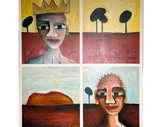 LARGE MODERN OIL PAINTING | King Tree Rock Man. Oil on canvas. Modern, neo-cubist style oil painting depicting two figures and a landscape with text. Painted in warm yellows and reds and a light blue. - l. 67 x h. 78.5 in