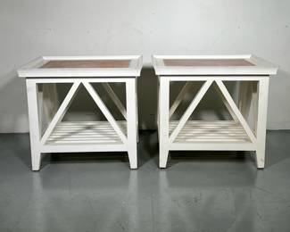 (2PC) PAIR PALECEK WHITE INLAY SIDE TABLES | Pair of white side tables with woven inlay top and slated storage shelf on bottom. Marked Palecek on bottom. -  l. 25.5 x w. 25.5 x h. 22 in