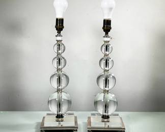 (2PC) PAIR GLASS LAMPS | Pair of glass lamps with graduated glass orbs, square glass, and metal base. -  l. 6 x w. 6 x h. 22 in