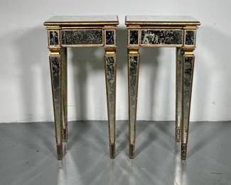 DISTRESSED MIRROR SIDE TABLES | Distressed mirror end tables with gilt bordering. - l. 16 x w. 16 x h. 32 in