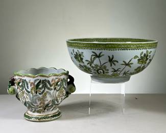 (2PC) PALM TREE BOWLS | Includes; large heavy ceramic bowl decorated with floral border and palm trees; and decorative bowl decorated with all types of flora and fauna with ceramic lime handles. - h. 6.25 x dia. 14 in (large bowl)