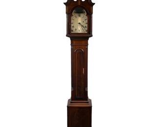 GRANDMOTHER CLOCK | Grandmother clock with intricate wooden inlay and metal medallions on top, showing man on horse riding across landscape as time passes. -  l. 11.5 x w. 9 x h. 59.5 in