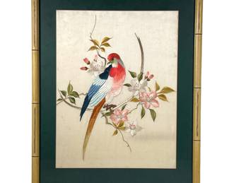 COLORFUL AVIAN NEEDLEPOINT | Depicts beautifully colorful bird sitting atop floral branch, in faux bamboo frame 12 x 16in sight. - l. 17 x h. 21 in