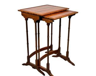 (2PC) PAIR INLAID SIDE TABLES | Carved wood side tables with oval inlay and small border, smaller one fitting into the larger one. - l. 18 x w. 13 x h. 27 in