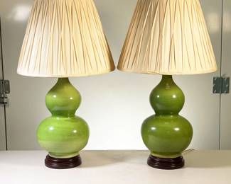(2PC) PAIR GOURD SHAPED LAMPS | Pair of lime green gourd shaped ceramic lamps with wood base. - h. 28.5 x dia. 9 in
