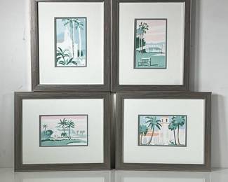 (4PC) WINI SMART (1932-2017) PRINTS | Small pastel prints of oceanside town including a golf course, church, and more. 5.5 x 3.5in sight. - l. 9.25 x h. 11.25 in