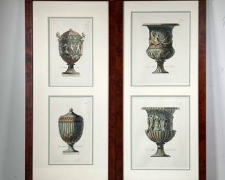 (2PC) PAIR GRECO-ROMAN VASE PRINTS | 2 pair of framed Greco-Roman lidded vases and planters with Latin names and descriptions. 9.5 x 12in sight. - l. 14.75 x h. 32 in