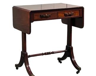 DROP LEAF SIDE TABLE | Drop leaf side table with 2 small drawers with carved wood pulls on H-stretcher with casters Leaf length: 9in. - l. 23.5 x w. 17.75 x h. 28.5 in