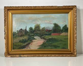 ENGLISH SCHOOL (20TH CENTURY) | Fishing the canal Oil on artists board Initialed “SEF” on lower left. - l. 22.5 x h. 16 in