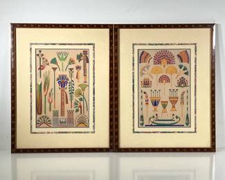 (2PC) PAIR COLORFUL NATIVE PRINTS | Colorful Native American prints depicting headdresses, fans, boats, flora and fauna  in intricate inlay wood frame.
7.75 x 11.75in sight. - l. 15.25 x h. 19.25 in