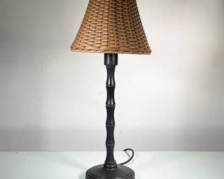 TURNED WOOD LAMP | Turned wood lamp with woven basket shade. - h. 30 x dia. 7 in
