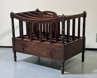 MAGAZINE & BOOK ORGANIZER | Curved slated top with 4 sections for books and magazines with small drawer on bottom. - l. 20 x w. 14 x h. 17 in