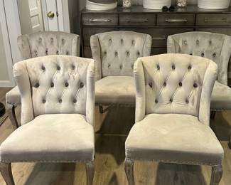 (5PC) WINGED BACK CHAIRS | Winged back chairs with riveted border and soft grey upholstery with handle on back. - l. 23 x w. 23 x h. 34 in